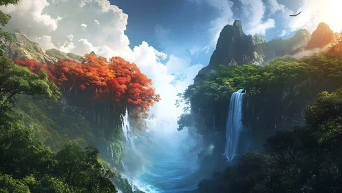 Twin enchanted cliffs rise around a misty, dreamlike valley