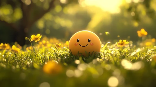 Sunlit smiley quietly blooms among bright meadow flowers
