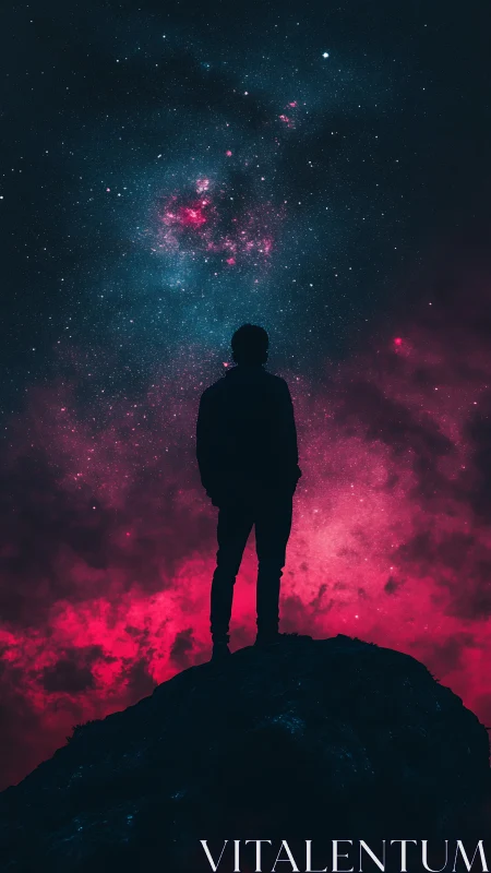 Silhouette on a starlit peak contemplates a vivid cosmic sky