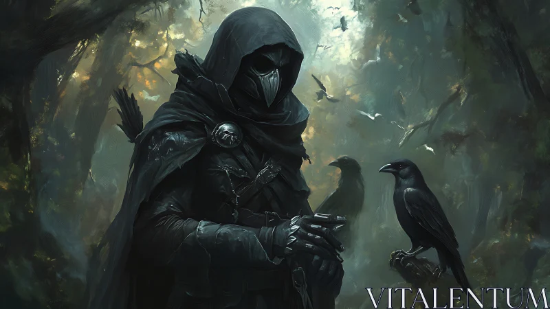 Shadowed crow keeper listens gently in a misty green forest