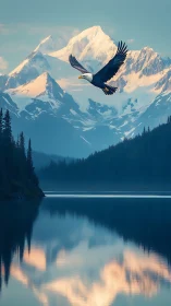 Bald eagle glides above alpine lake and snowy peaks.