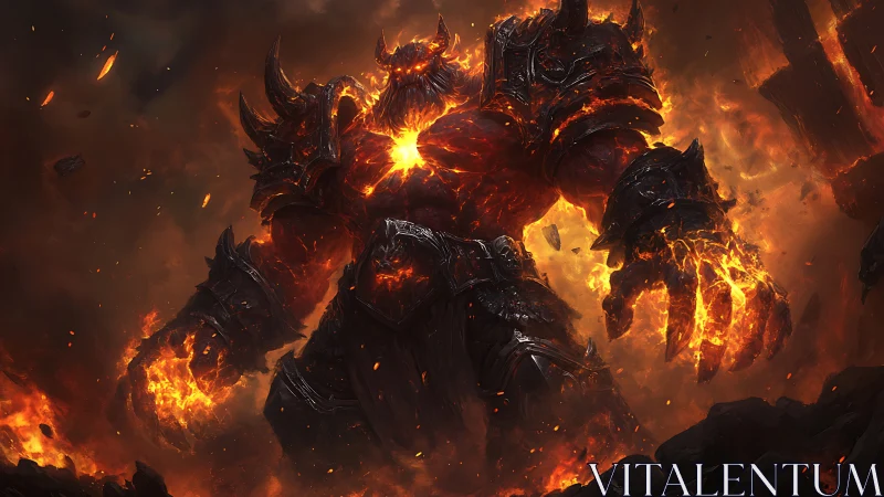 Molten armored demon steps forward through erupting flames