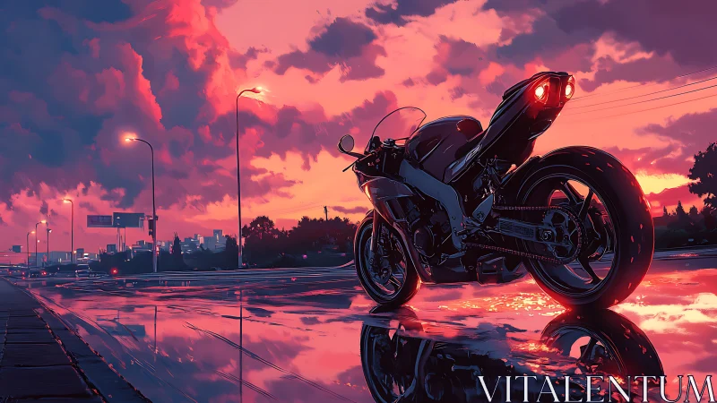 Sportbike waits on a rain-soaked highway at neon sunset glow