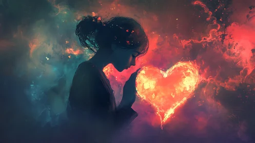 Soul Aflame: Silhouette Embracing Incandescent Heart.