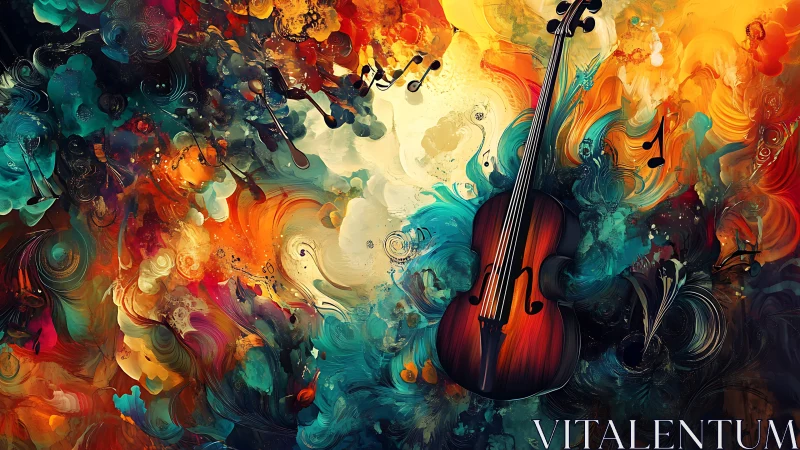 Colorful abstract cello artwork with swirling musical notes.