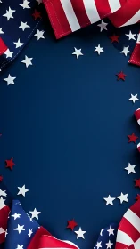 Patriotic ribbons and stars frame a bold blue celebration space