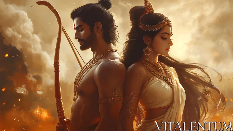 Divine warrior couple stands united amid sacred blazing skies