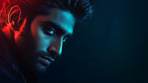 Male profile portrait is rendered with dual color side lighting