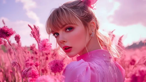 Pink-clad woman stands in vivid flower field at sunset