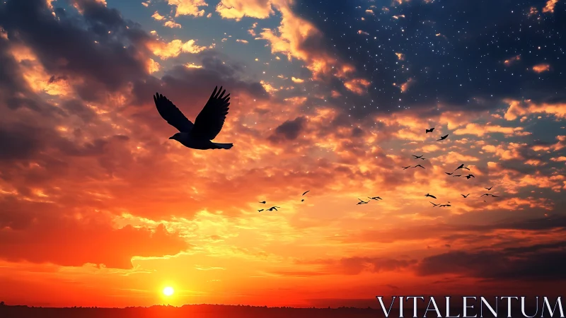 Silhouette of birds flying at sunset with dramatic colorful sky.