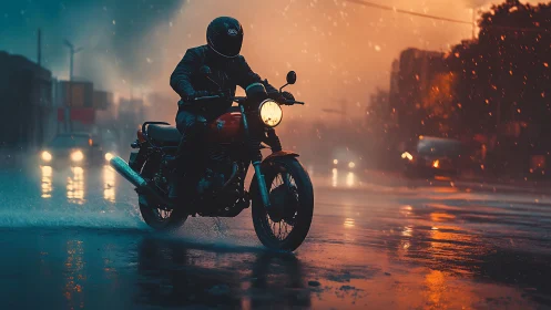 Cinematic biker in neon rain, low-angle urban night scene.