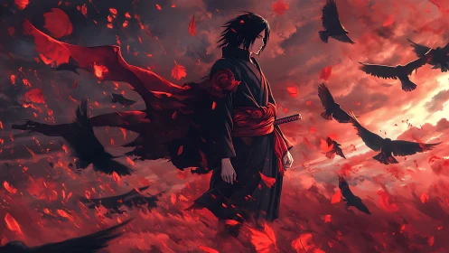 Dark swordsman walks through storm of crows and embers