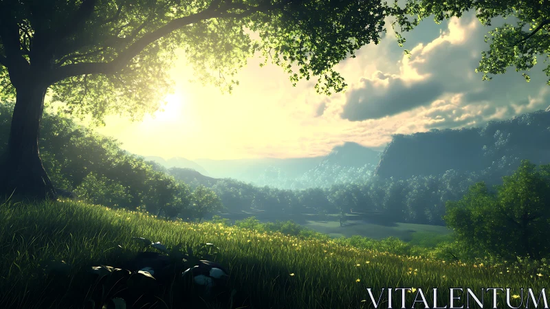 Sunlit valley meadow opens beneath a tranquil morning sky