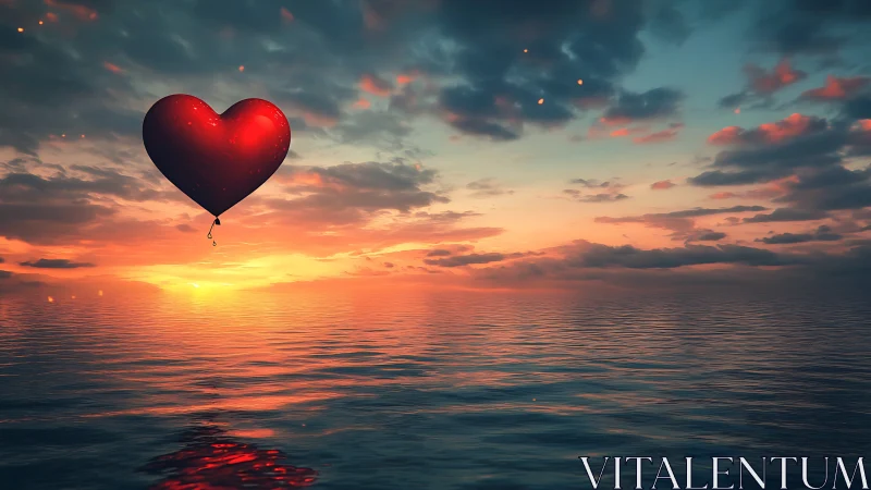 Red Heart Balloon Floating Over Ocean Sunset