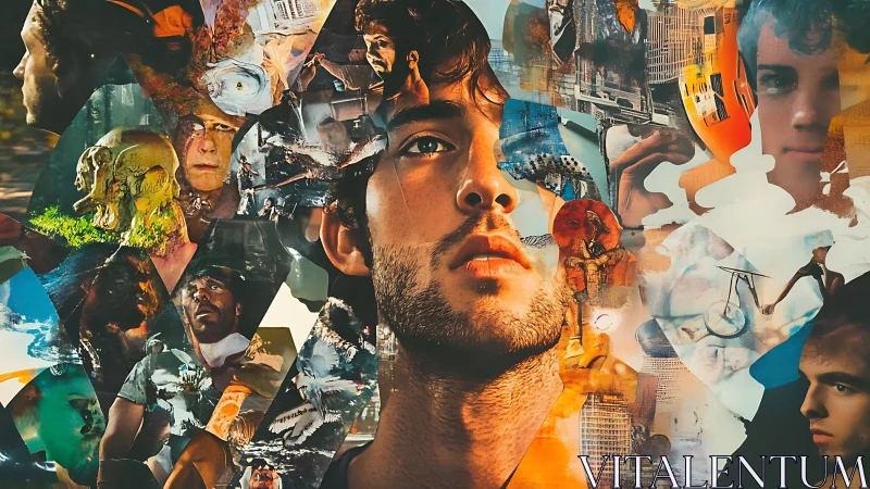 Surreal male portrait dissolves into fragmented life memories.