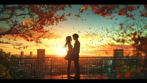 Sunset Romance: Couple Embracing Over Autumn Cityscape.