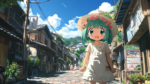 Anime street scene with green-haired child in sunlit alleyway.