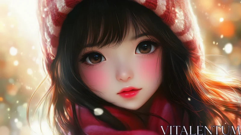 Anime winter portrait with luminous bokeh and soft focus rendering.