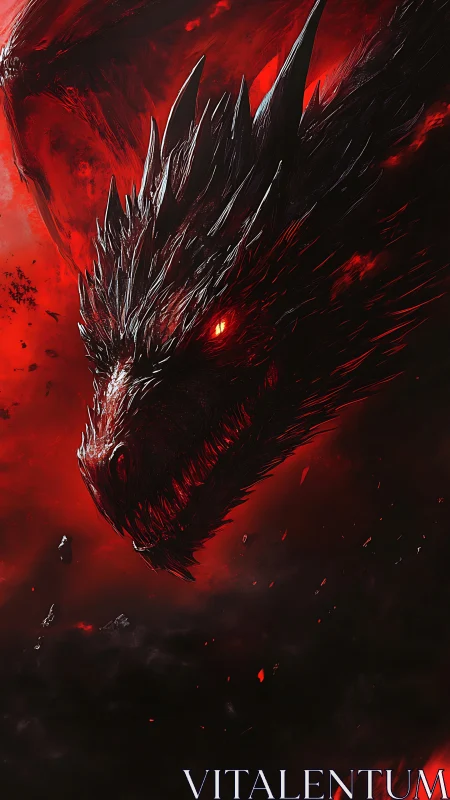 Infernal dragon head emerging through crimson volcanic storm.