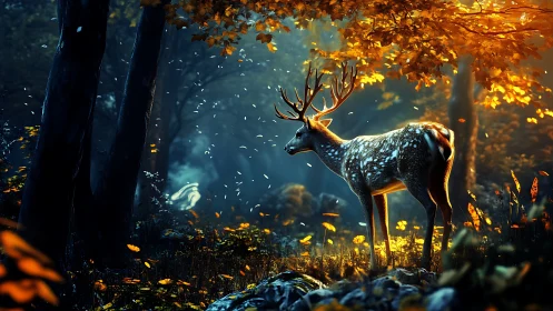 Backlit stag in high-contrast forest clearing with volumetric rays