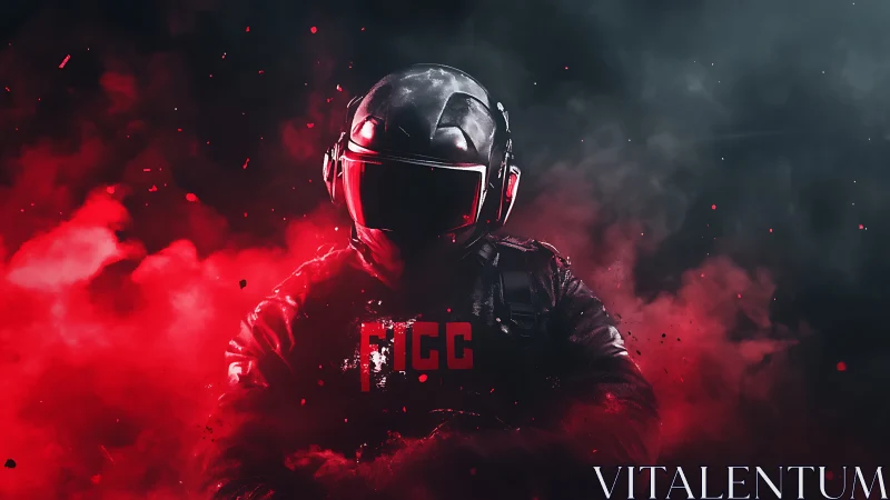 Armored futuristic soldier emerges through red smoke.