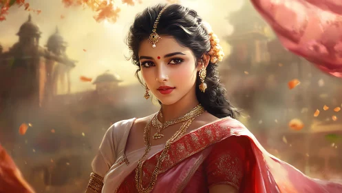 Elegant Indian Woman in Traditional Saree, Digital Art Portrait.