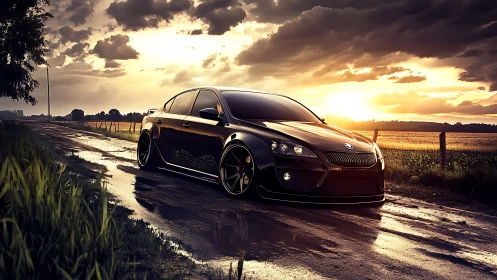 Sleek black sports sedan glows against a dramatic sunset road