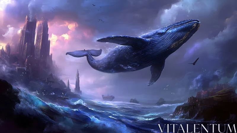 Levitating blue whale dominates stormlit fantasy seascape