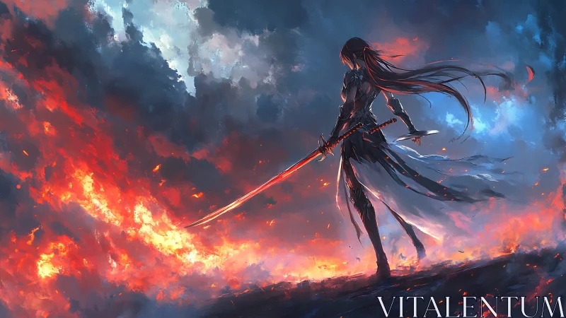 Armored anime swordswoman confronts sweeping inferno landscape