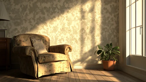 Sunlit floral armchair and potted plant in volumetric dusk light.