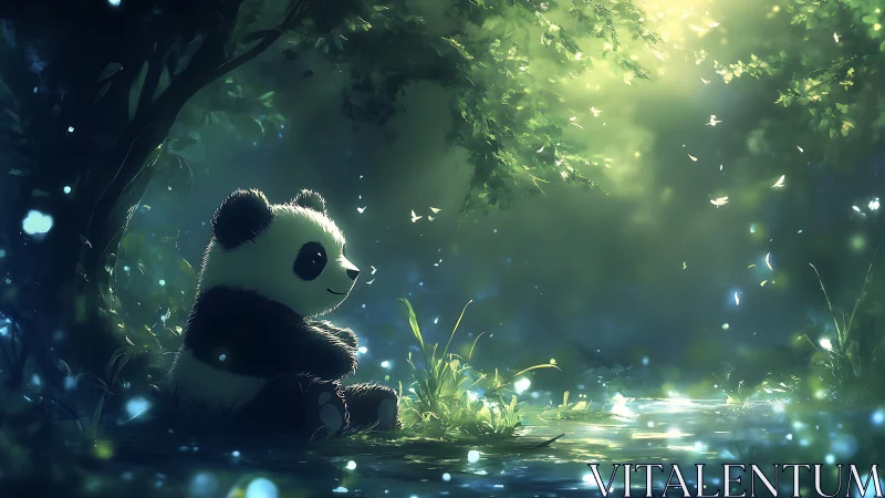 Panda sitting by glowing forest stream in soft light.