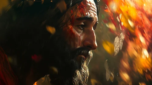 Wounded prophet in burning autumn light of swirling grace.