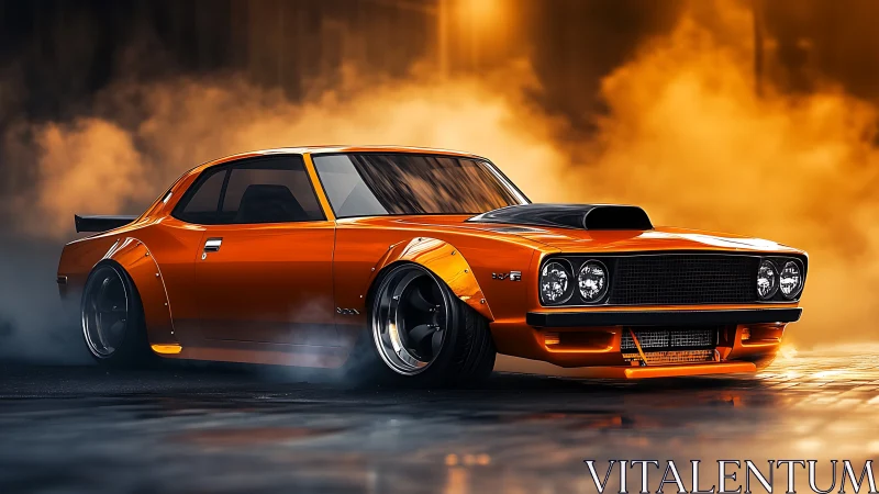 Midnight drift with a fiery orange muscle car hero.