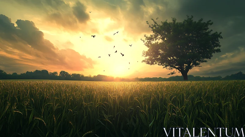 Cinematic photorealistic sunset over solitary field tree composition.