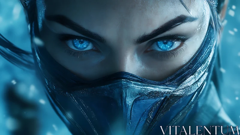 Icy-eyed masked warrior in intense blue close-up portrait.