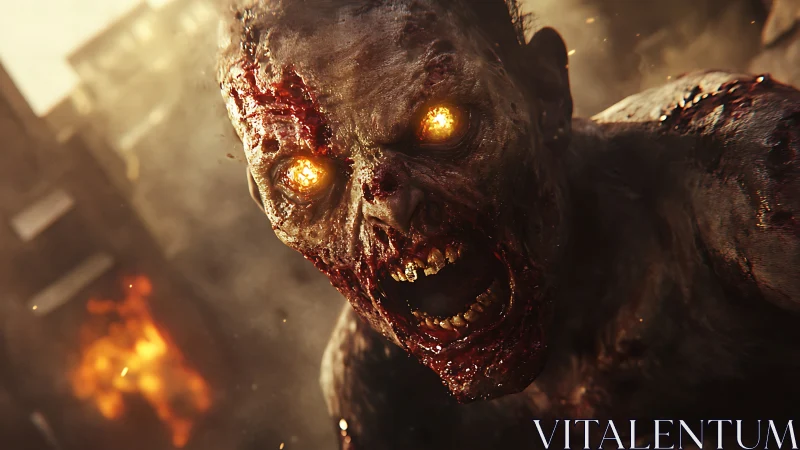 Cinematic close-up of burning-eyed infected zombie in ruins
