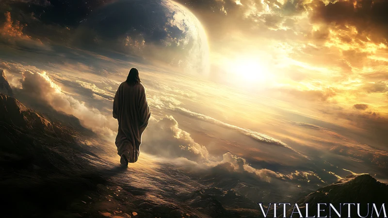 Robed figure walks along luminous clouds on tilted world