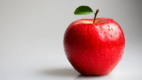 Fresh red apple glistens with dewdrops on clean background.