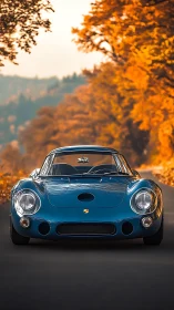 Vintage blue sports car stands on autumn forest road