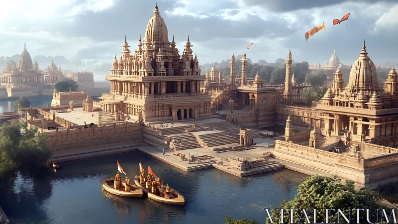Riverside temple complex with boats and stepped ghats.