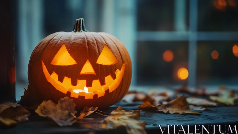 Grinning jack-o’-lantern keeps warm watch on twilight windowsill