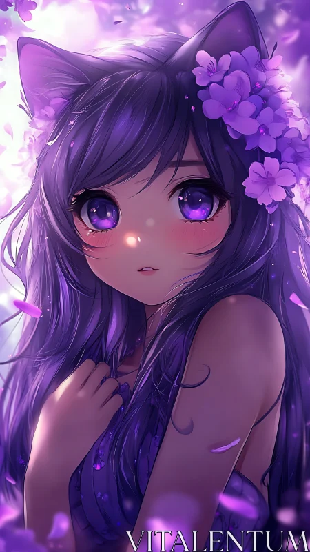 Purple haired catgirl portrait with floral headpiece in light.