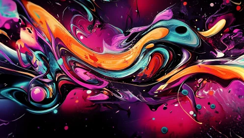 Neon fluid ribbons swirl through high-contrast cosmic field.