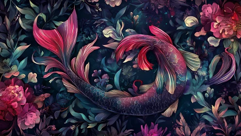 Digital koi fish swirl amid lush floral foliage pattern.