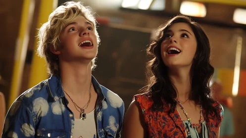 Two teenagers look upward indoors with bright expressions