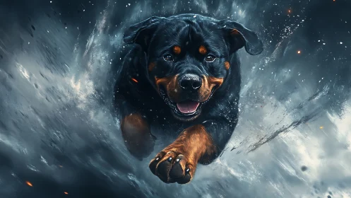 Powerful Rottweiler dog charging through swirling storm
