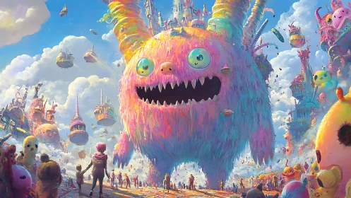 Chromatic megafauna amid stratified floating cityscape ecology.