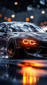 Rain-soaked performance coupe with neon-lit reflections at night.