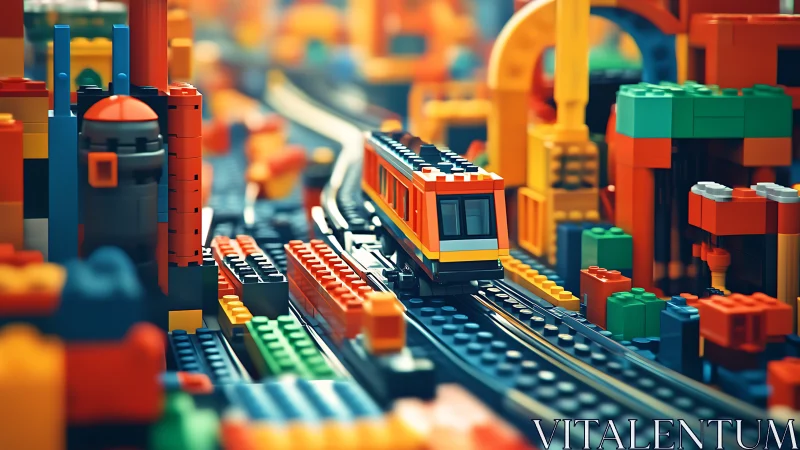 Toy train on plastic track in dense block construction set.