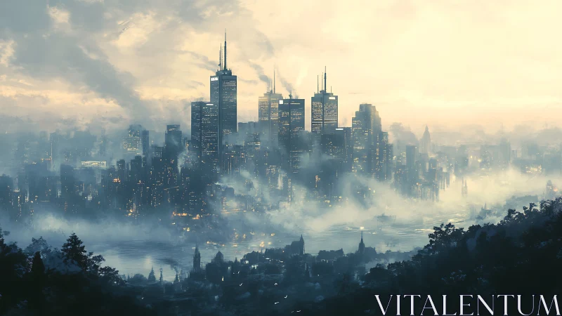 Dense modern skyline above foggy river basin at dawn.